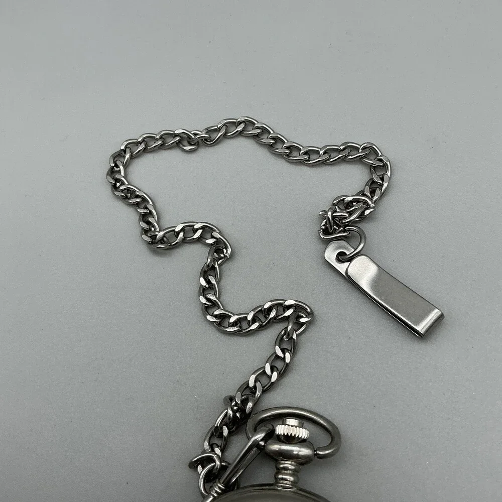 Al Agnew Pocket Watch Men 47mm Silver Tone Wolf Full Hunter Chain Analog